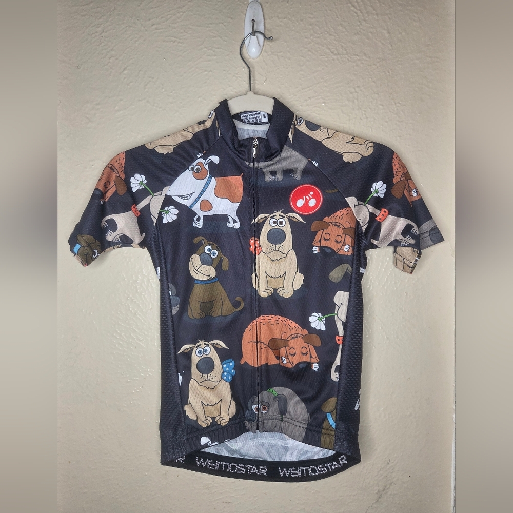 Weimostar Cycling Tshirt Dogs Print Kids Large Pockets Reflecting Active Zipper